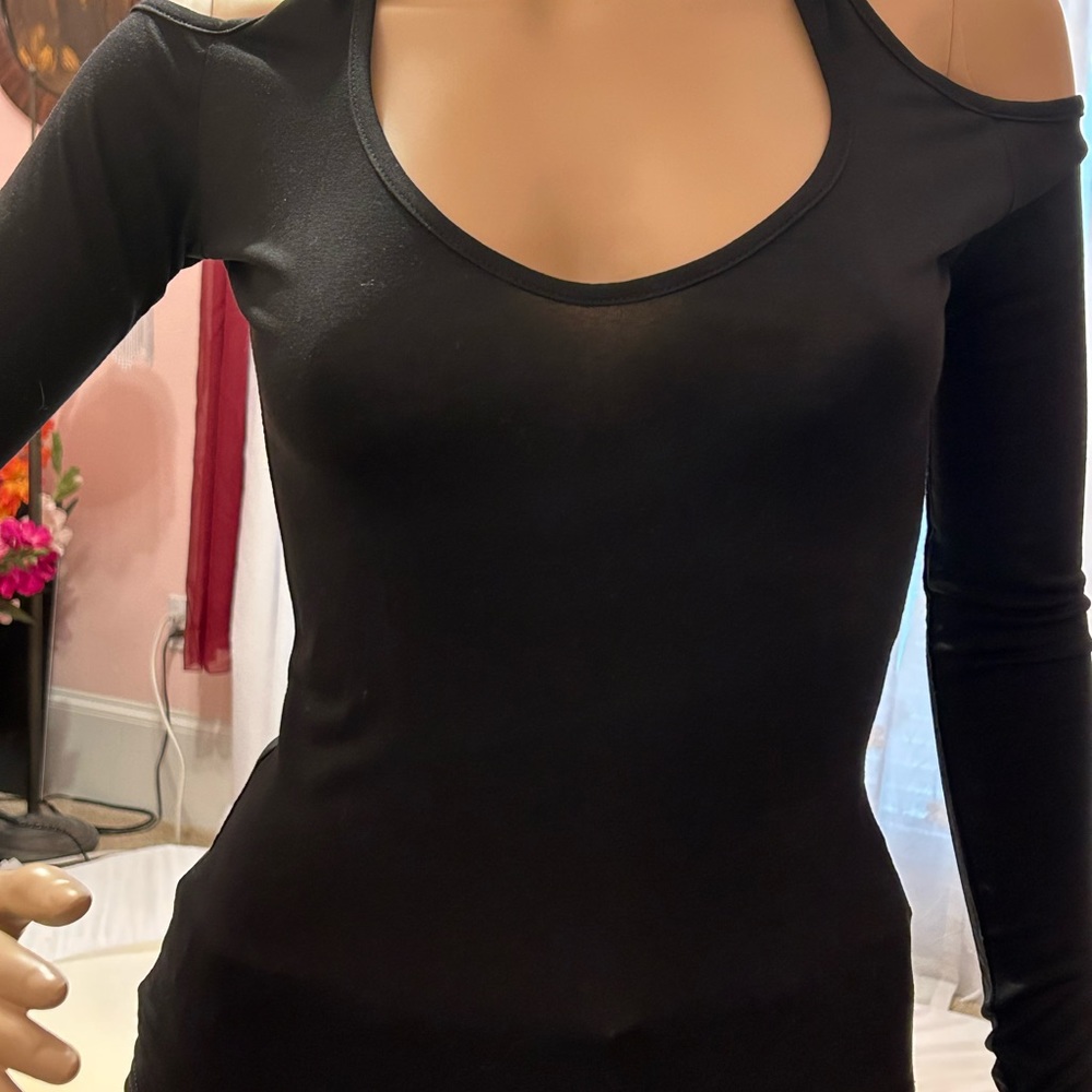 Black cold shoulder, halter top with sleeves.